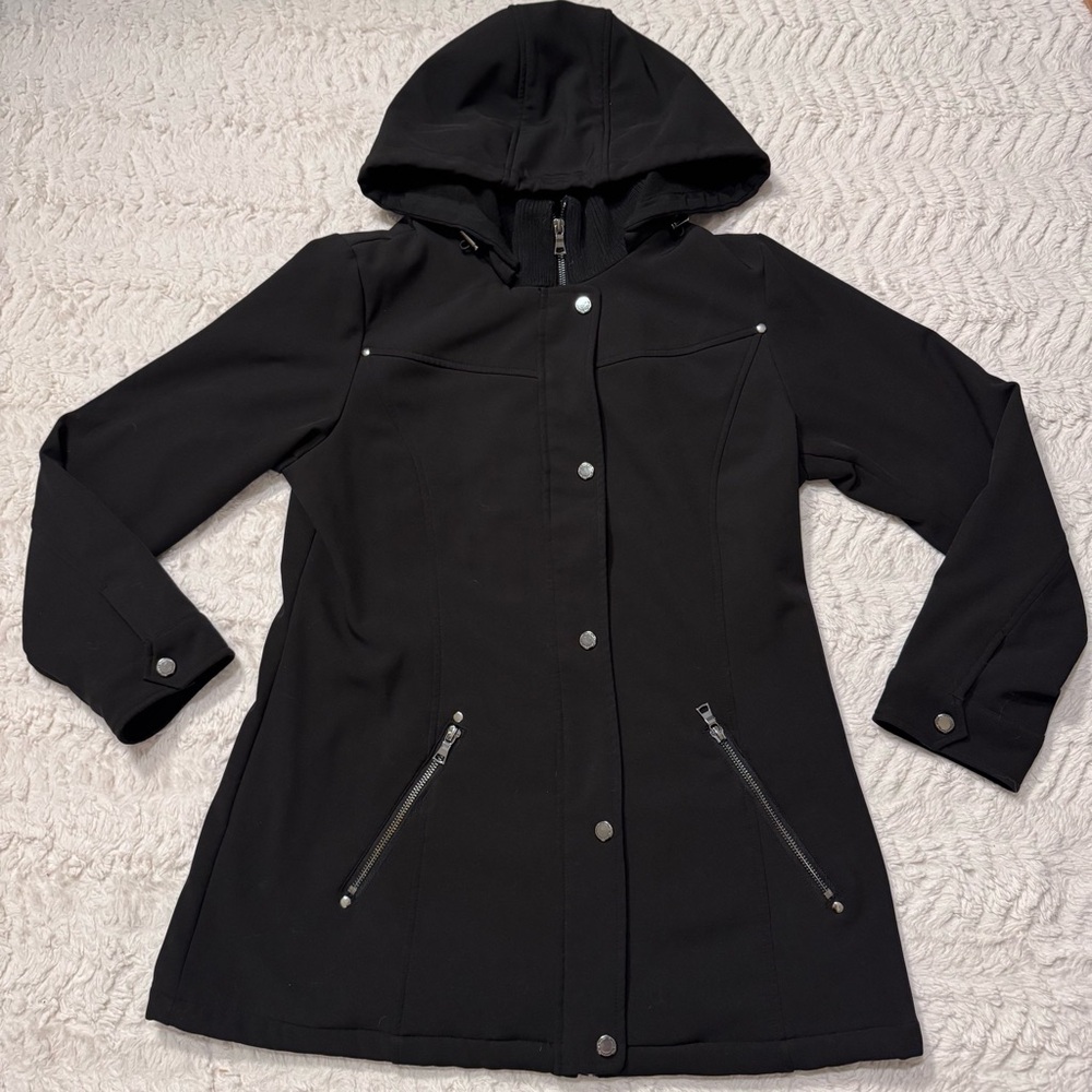 Liz Claiborne Black Hooded Softshell Walker Coat Small Minimalist Quiet Luxury